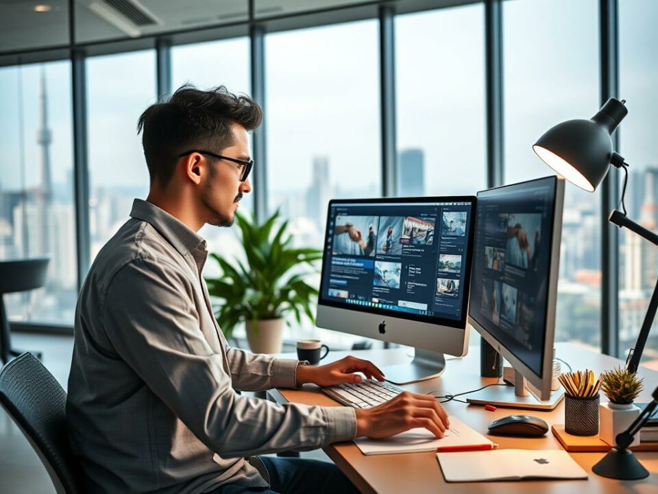 Un diseñador trabajando en un diseño web en una oficina moderna en Porlamar.